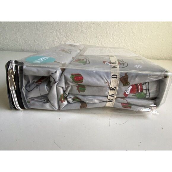 Rae Dunn Christmas Santa Claus Sleigh Reindeer QUEEN SIZE Soft Sheet Set Grey - Picture 8 of 16